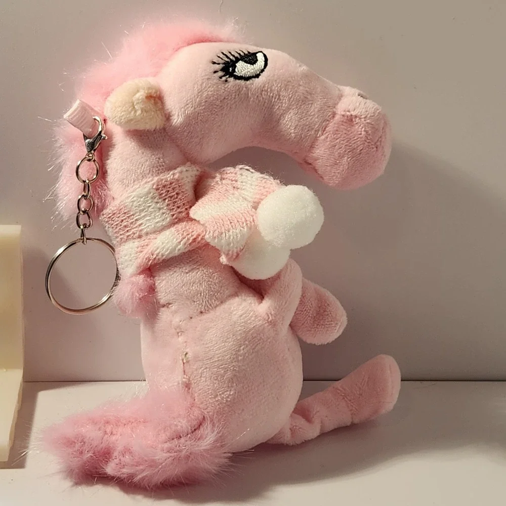Pink Plush Horse Keychain with Scarf and Pom Poms Bag Charm 5.5 Inch